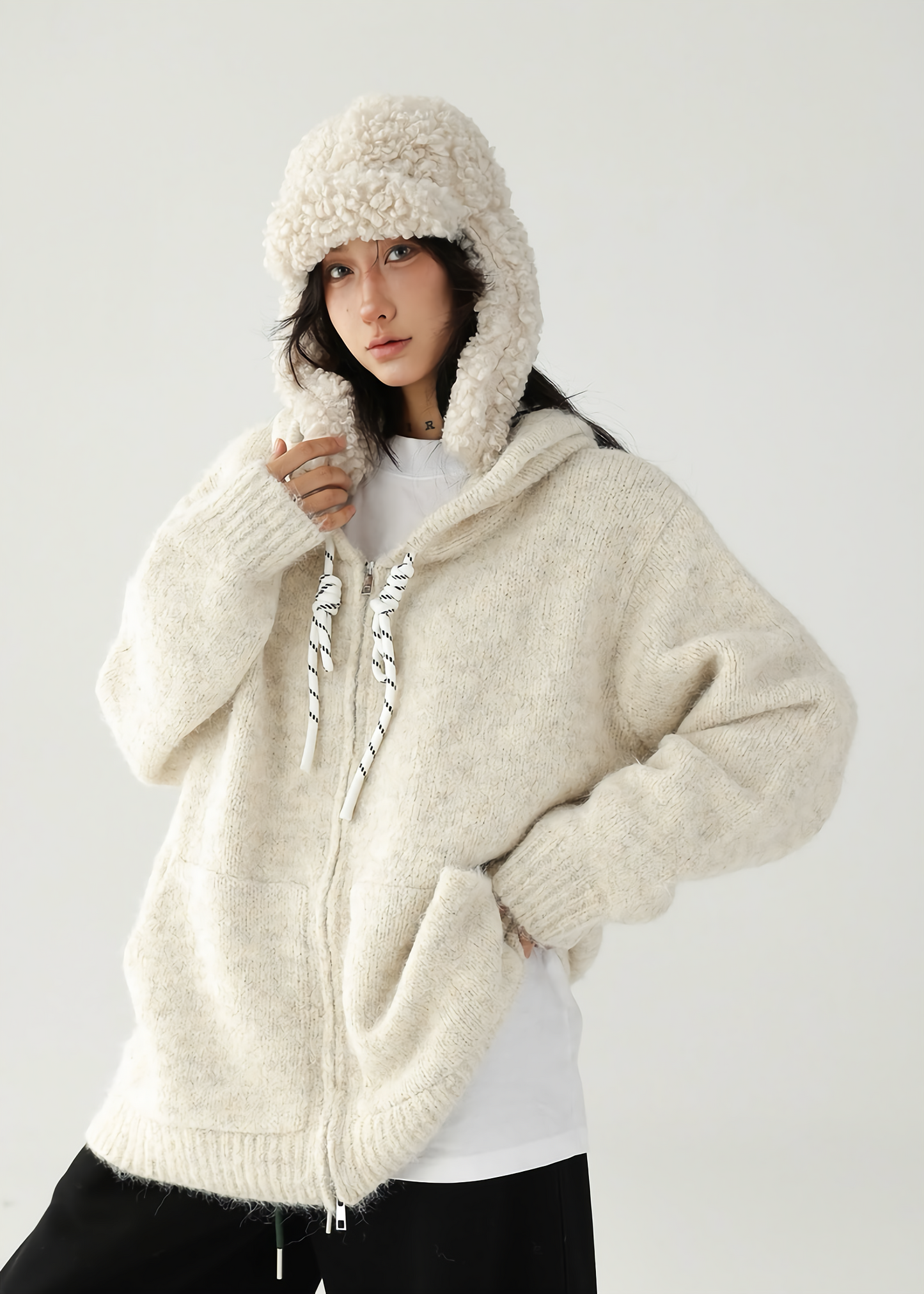 drawstring zipper knit sweater / AS1128