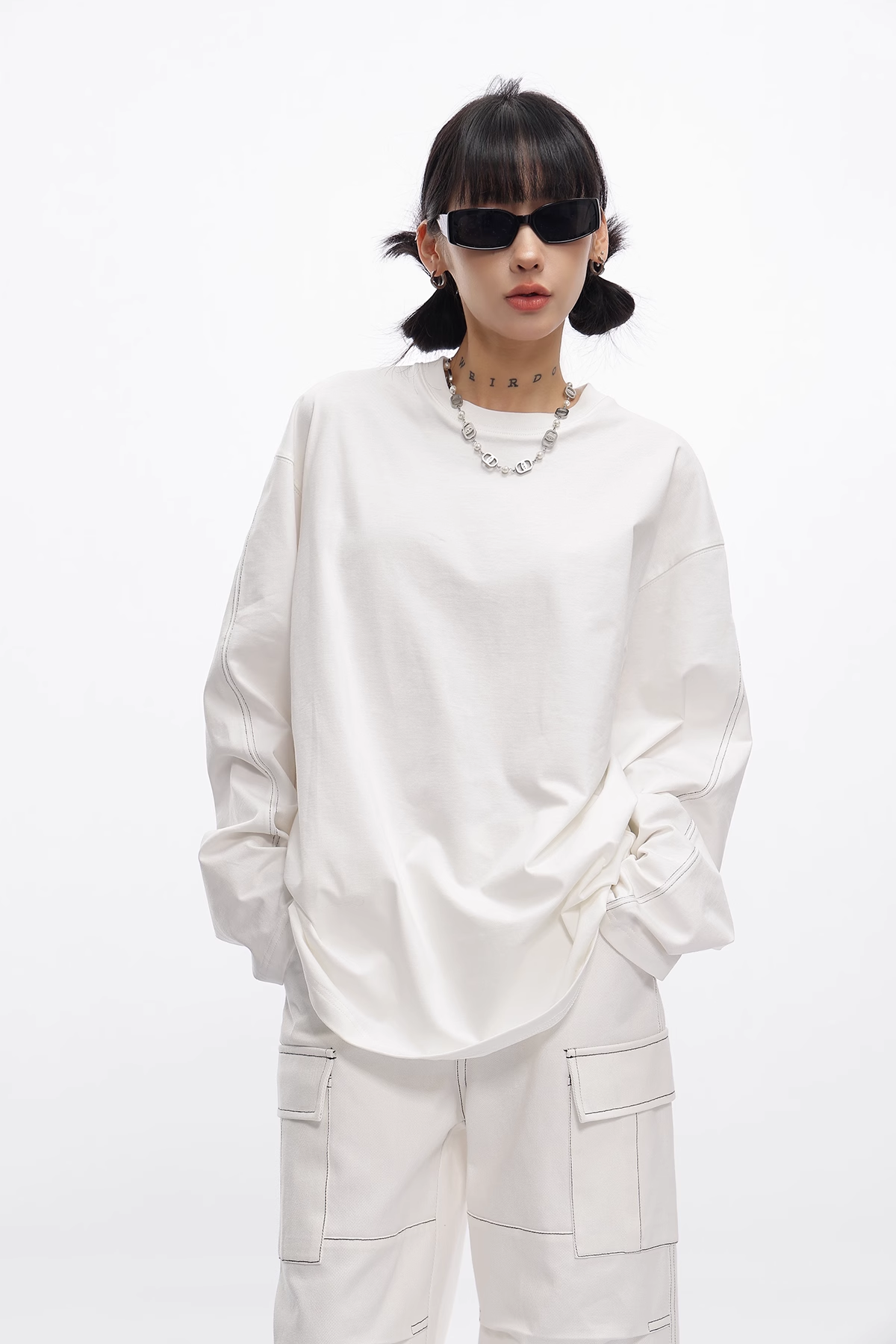 White line loose long sleeve T-shirt / AS1112