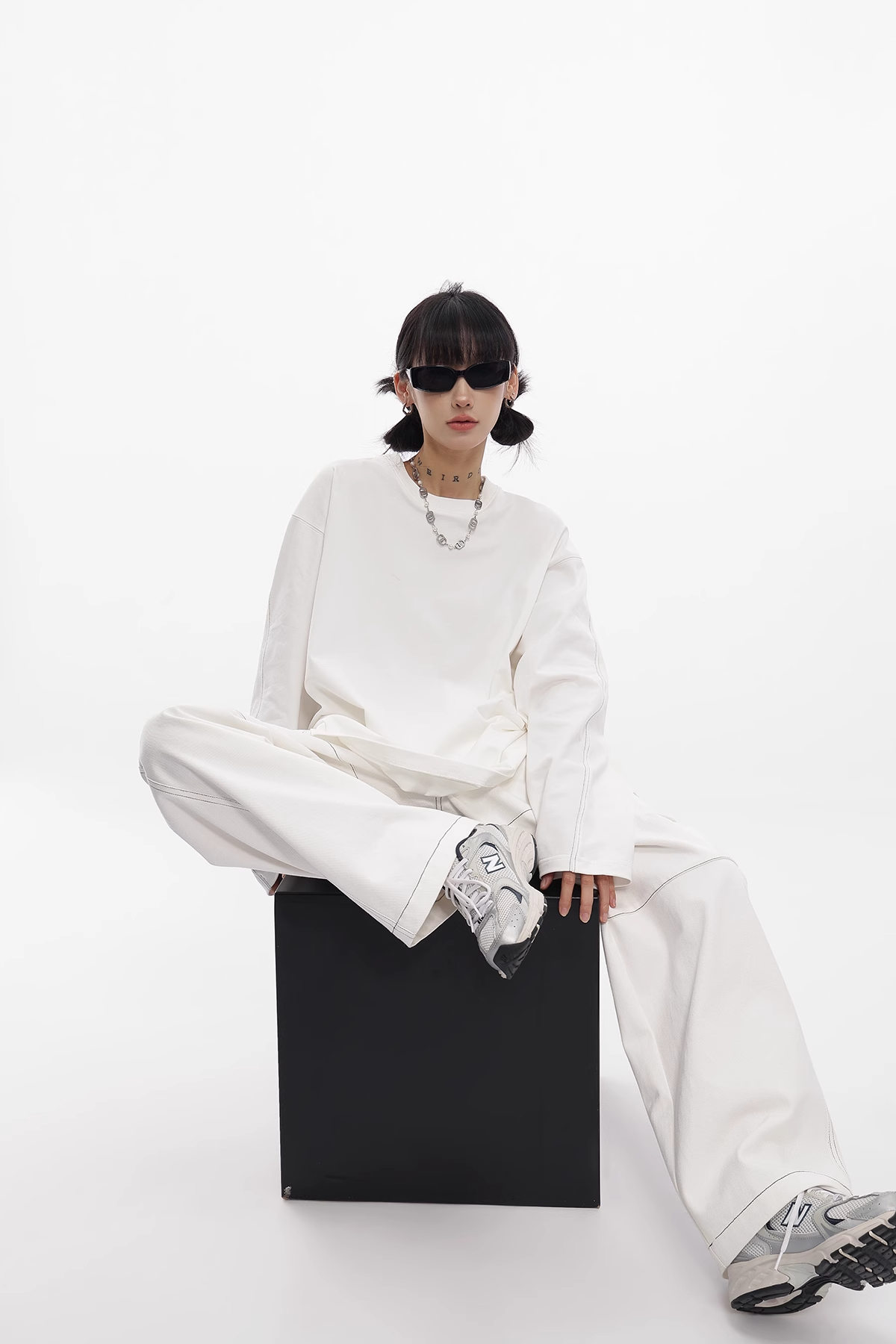 White line loose long sleeve T-shirt / AS1112