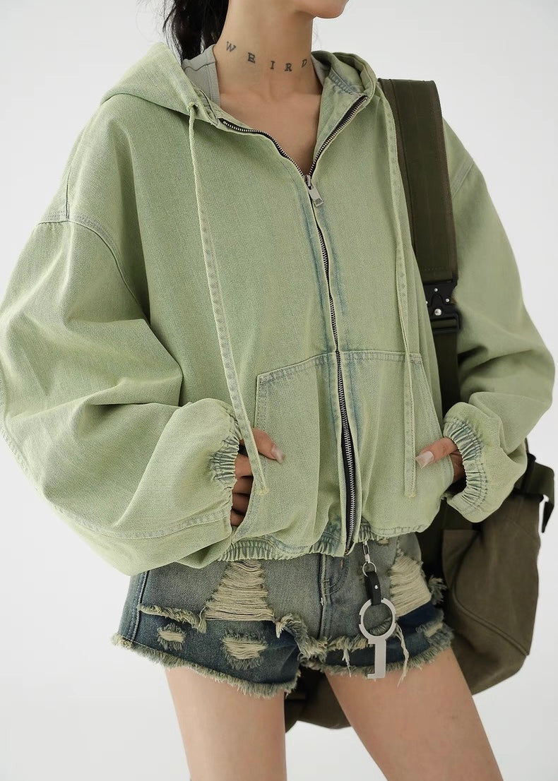 Green loose denim hoodie / AS1266