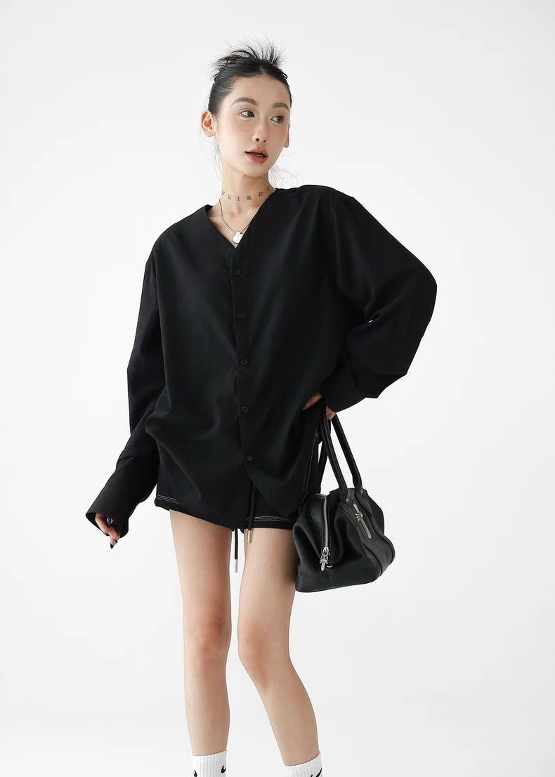 Loose single-breasted V-neck shirt / AS1316