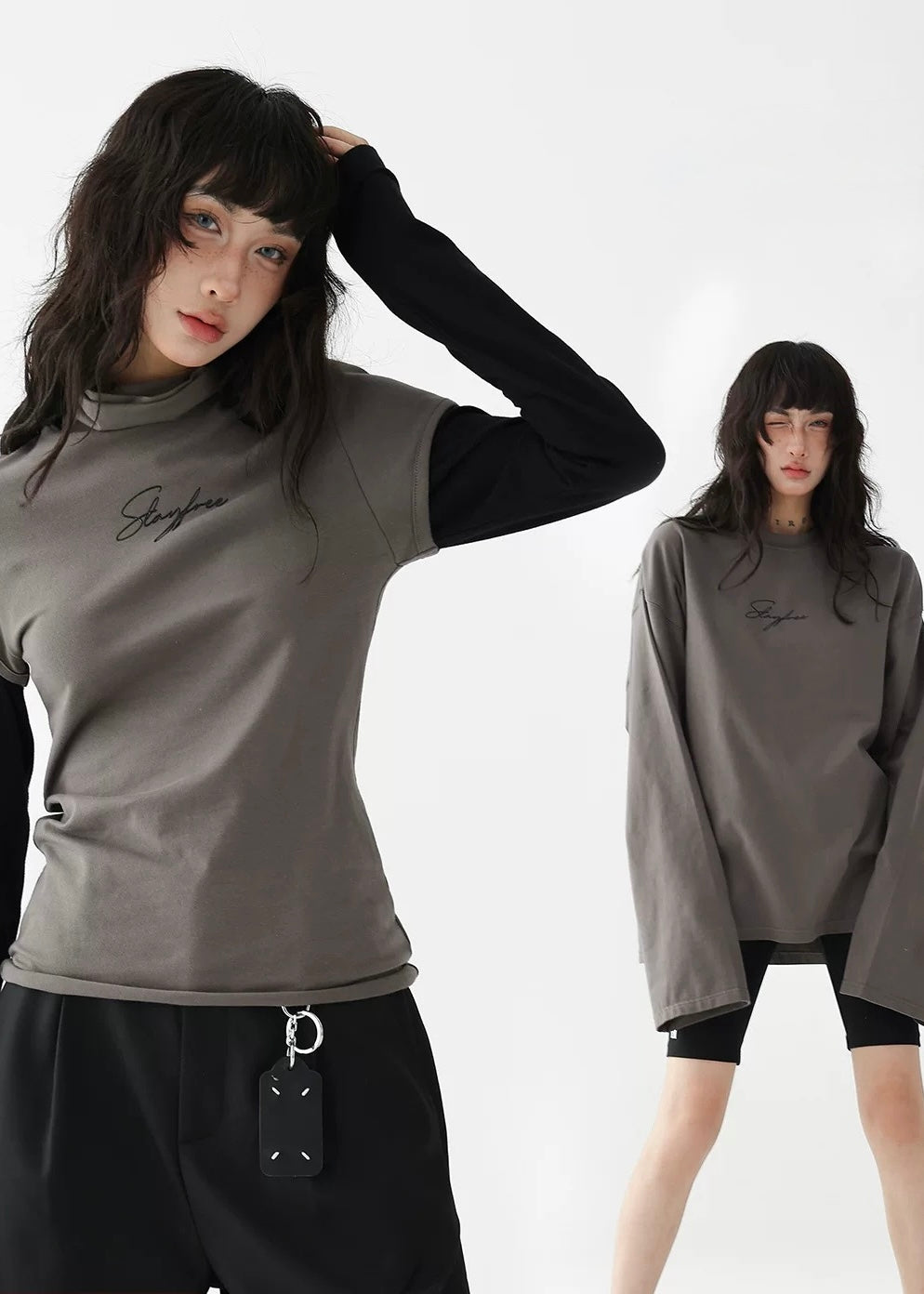 Fake Two Piece Slim T-Shirt & Loose Long Sleeve T-Shirt / AS1238