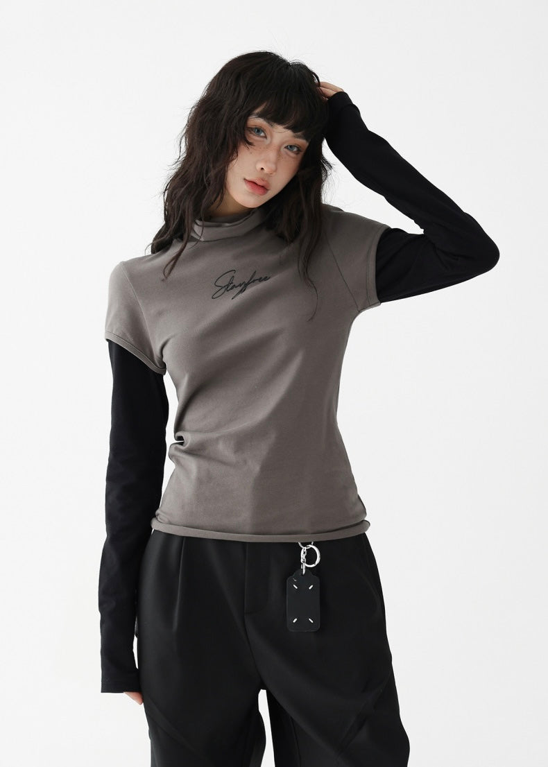 Fake Two Piece Slim T-Shirt & Loose Long Sleeve T-Shirt / AS1238