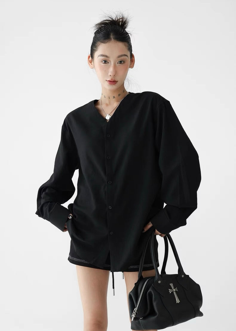 Loose single-breasted V-neck shirt / AS1316