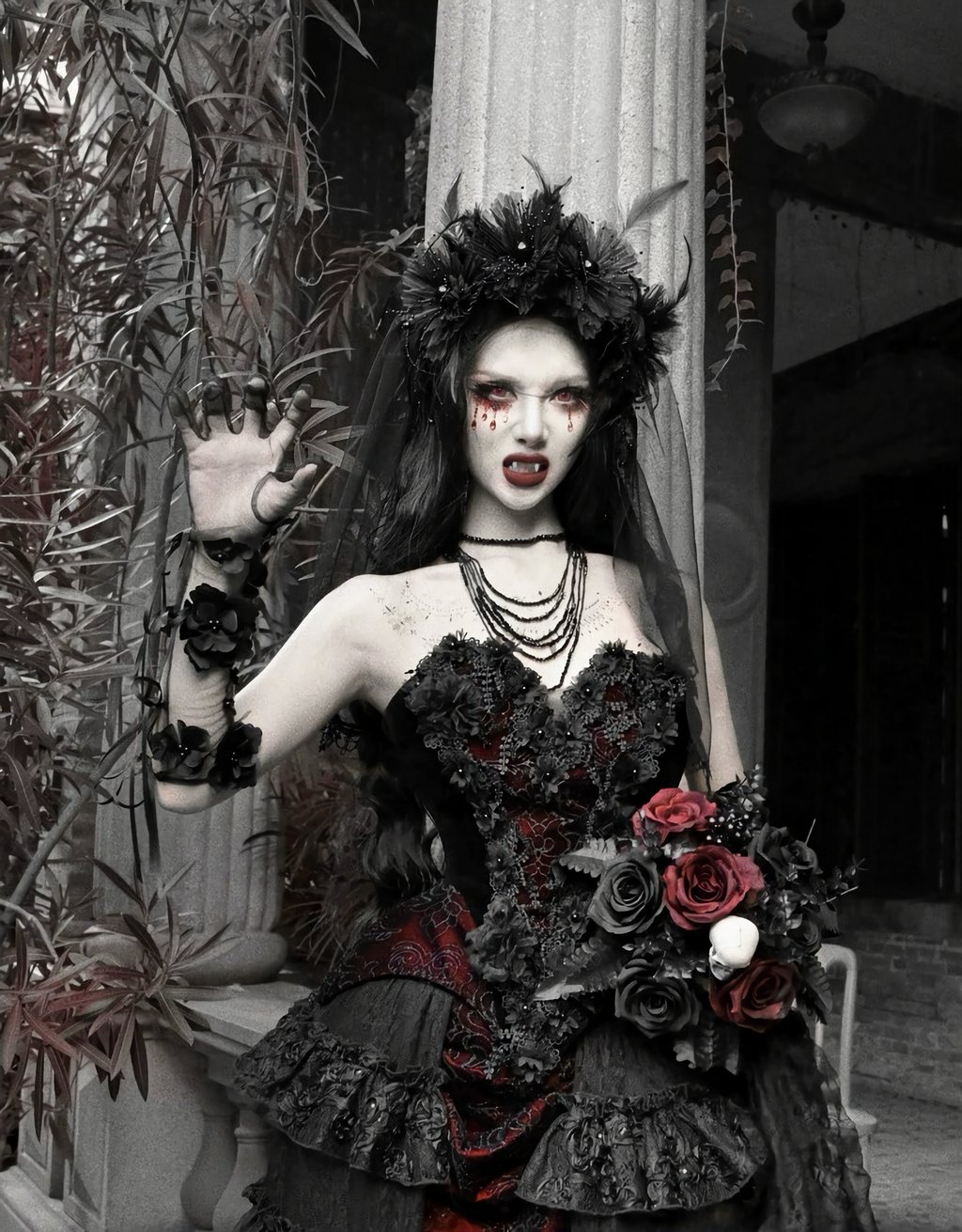 Crimson Gothic Velvet Corset Bustier & Gloves / CT01