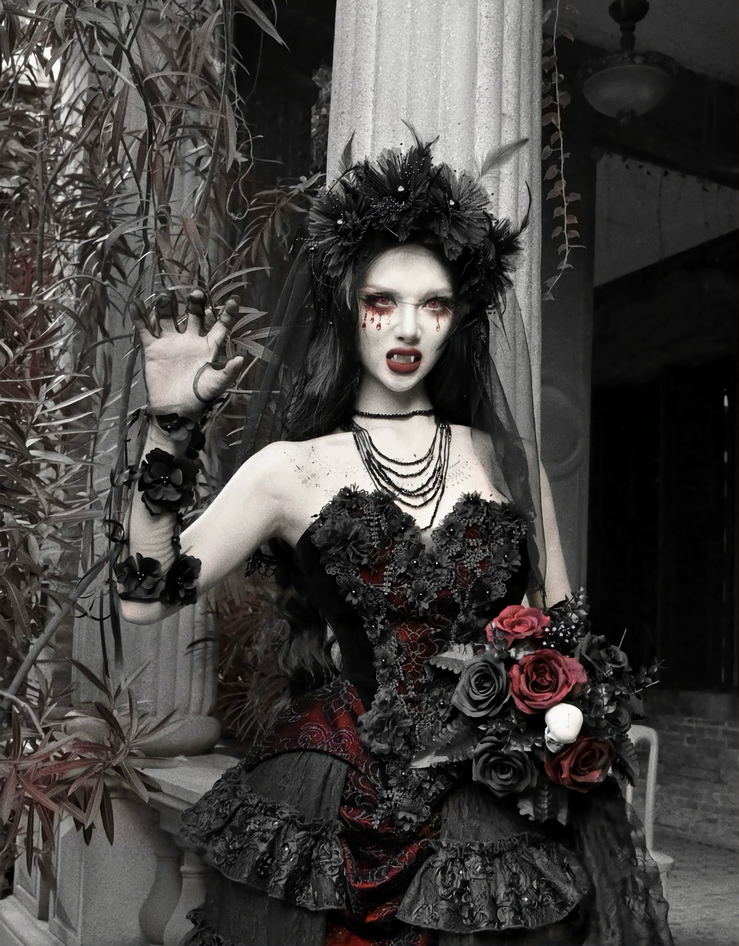 Crimson Gothic Velvet Corset Bustier & Gloves / CT01