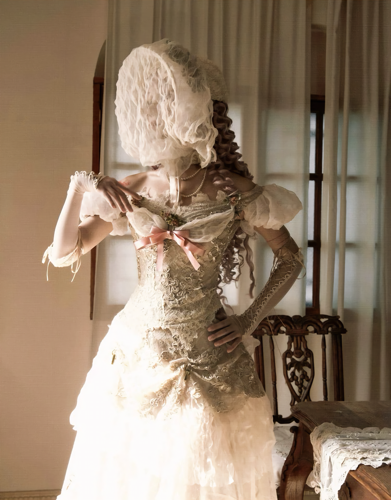 Elegant One-Shoulder Puff Sleeve Mesh Top & Arm Covers / DR01