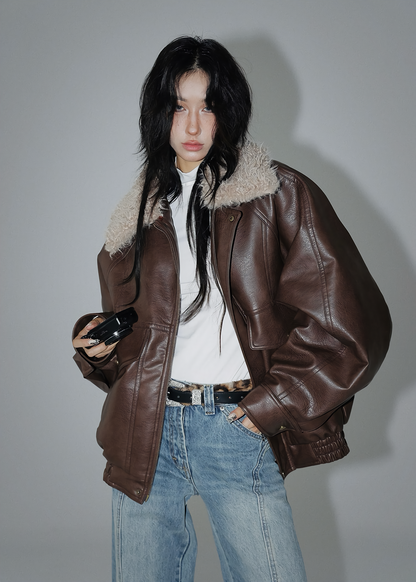 fur collar leather biker jacket / AS1150 