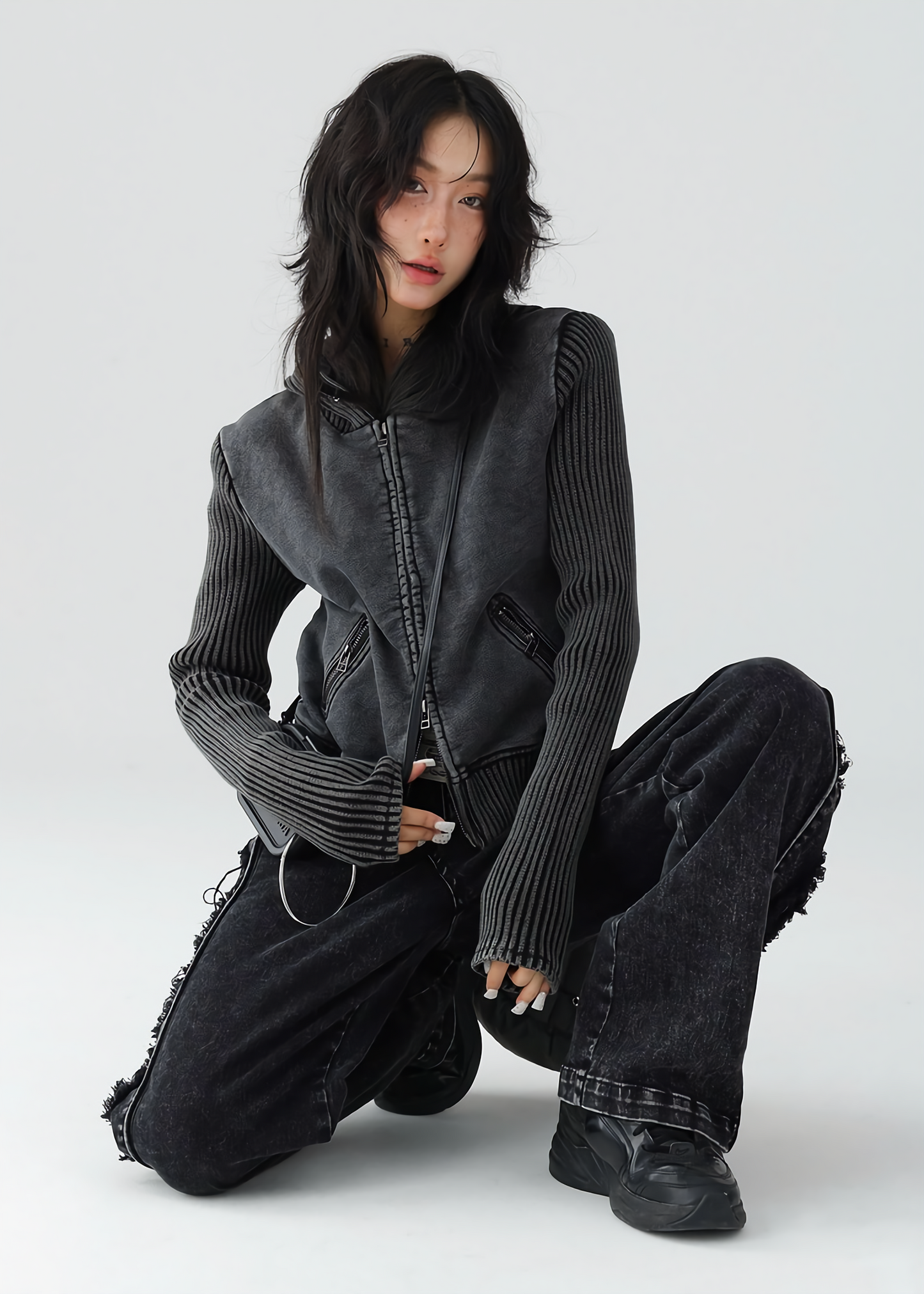 American retro short knit hoodie jacket / AS1139