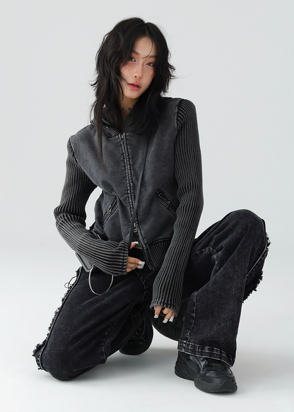 American retro short knit hoodie jacket / AS1139