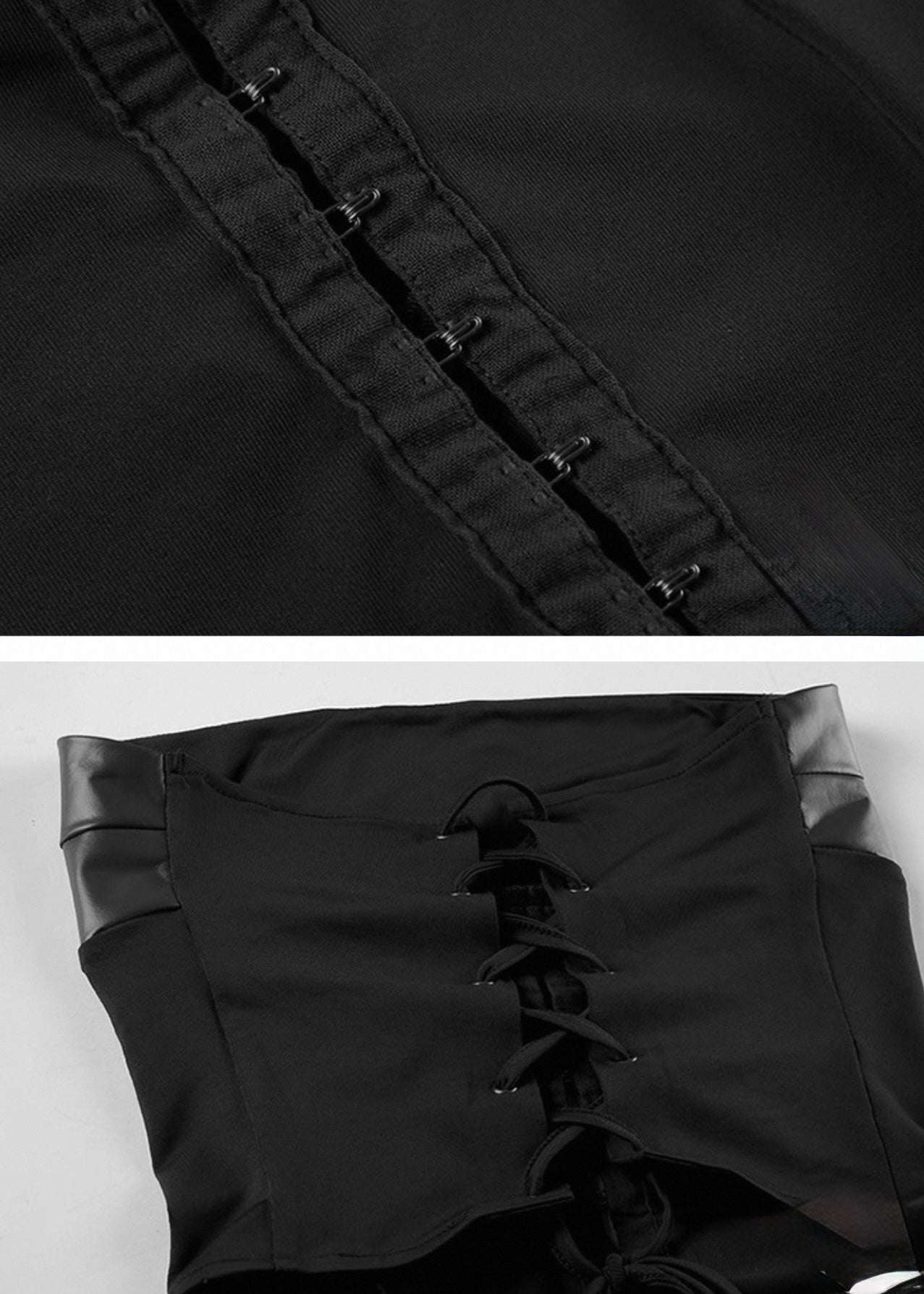 PUレザーパッチワークトップ+ドレープデザインミニスカート / VO1128