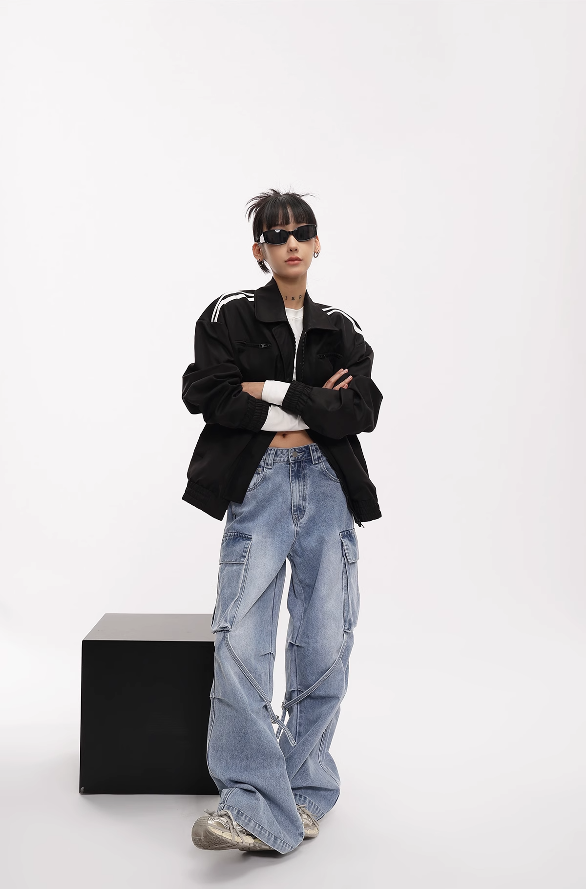 Stripe lose jacket/as1102 &amp; Strap design work jeans/as1103 set