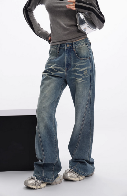 Slim fit double bar stripe long t-shirt/as1109 &amp; loose wash micro flare jeans/as1110 set
