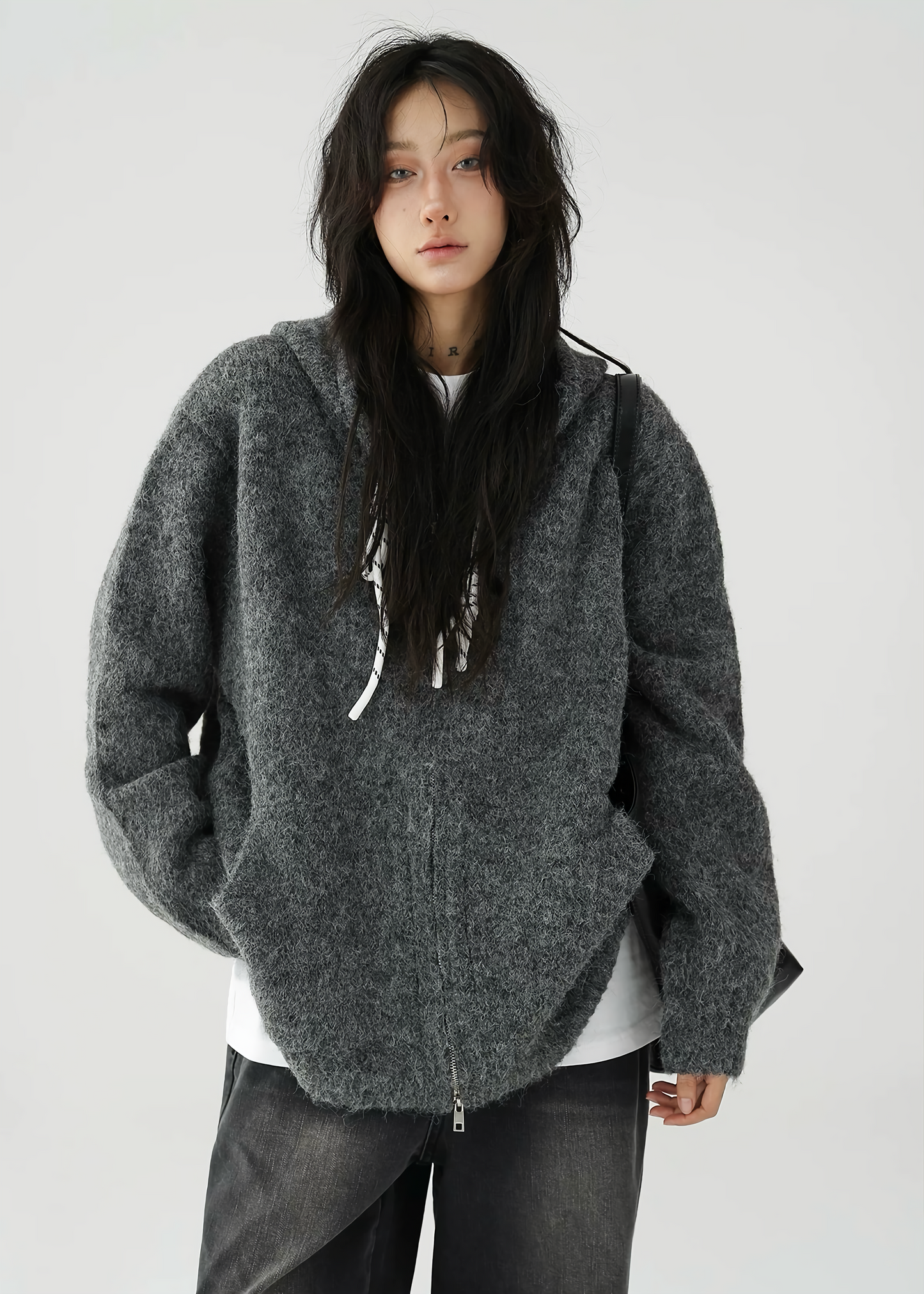 drawstring zipper knit sweater / AS1128