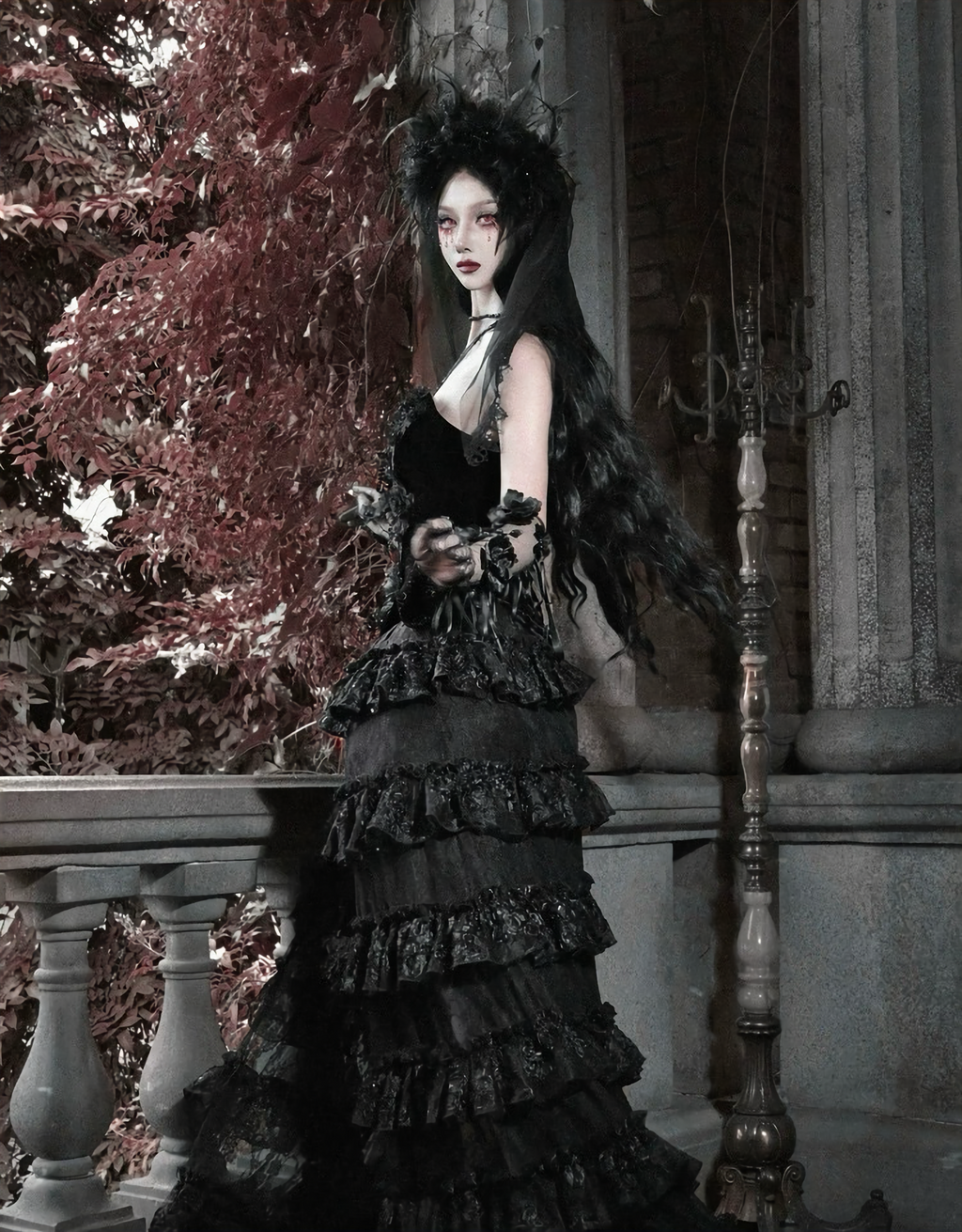 Crimson Gothic Velvet Corset Bustier & Gloves / CT01