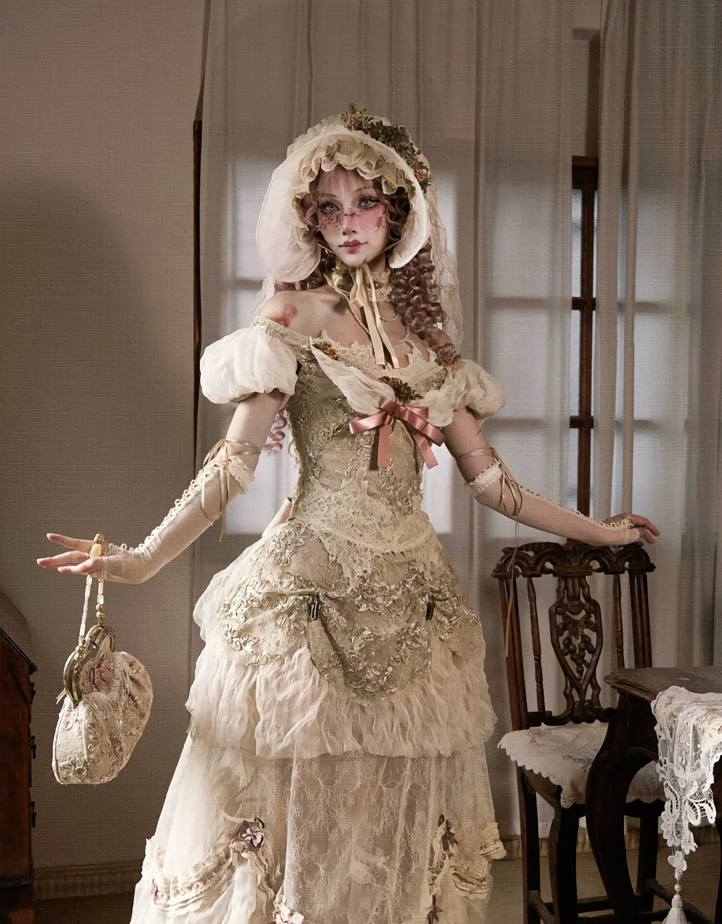 Elegant One-Shoulder Puff Sleeve Mesh Top & Arm Covers / DR01