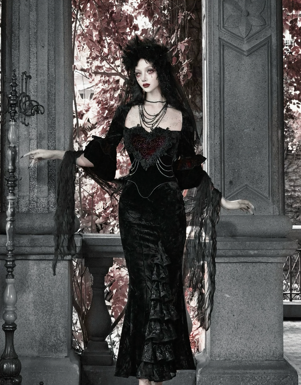 Red Goth Velvet Bandeau Mermaid Dress / CT06