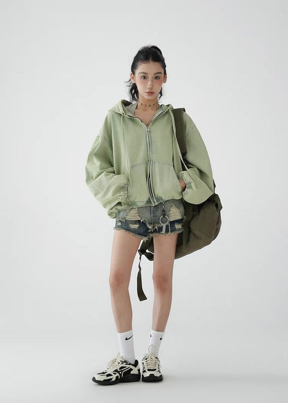 Green loose denim hoodie / AS1266