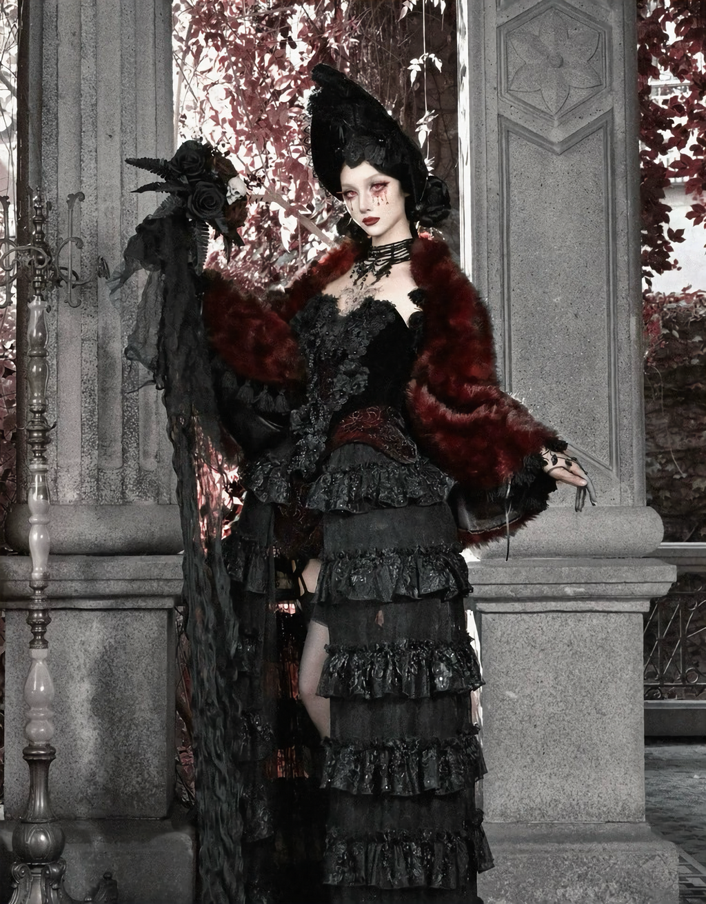 Crimson Gothic Velvet Corset Bustier & Gloves / CT01