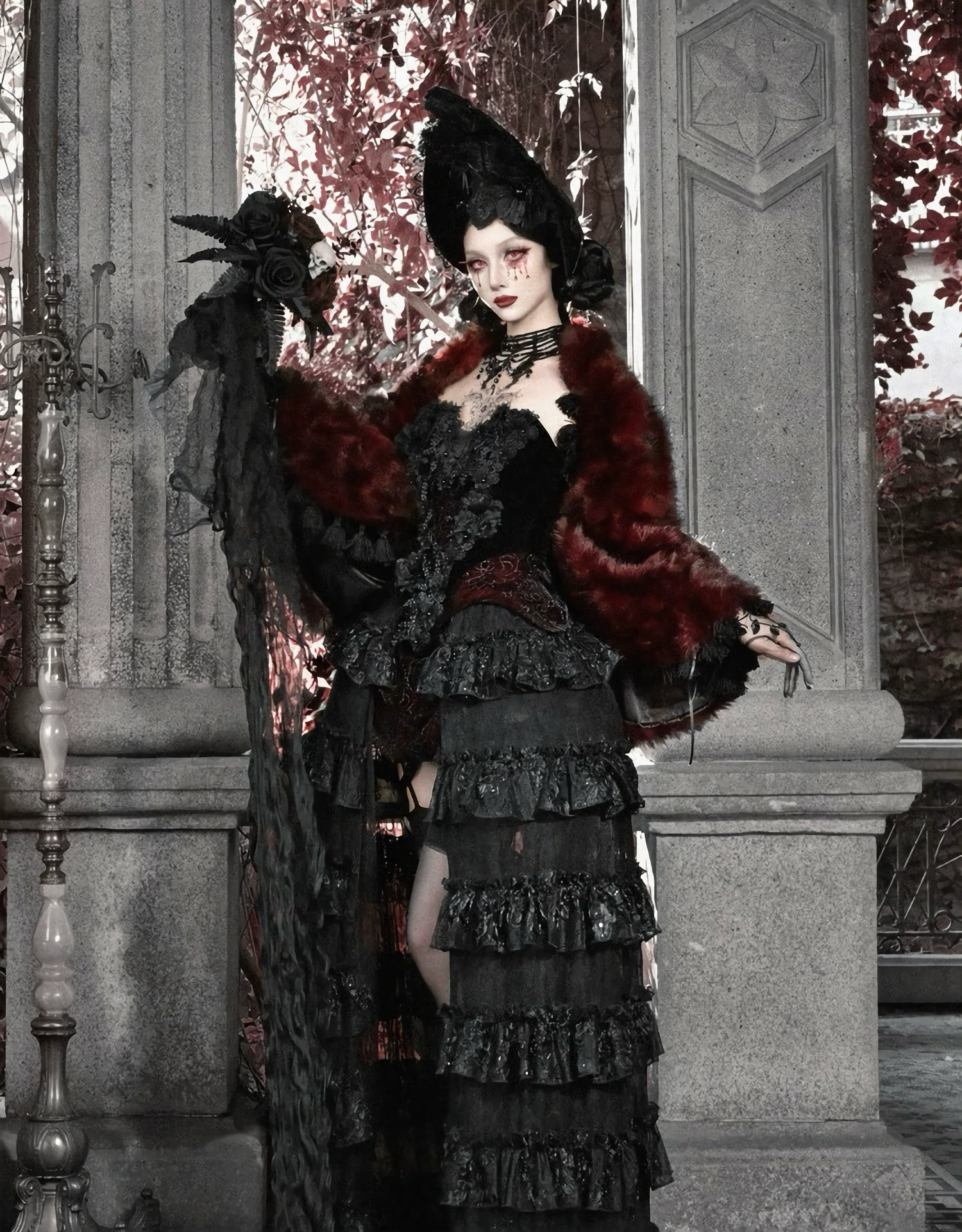 Crimson Gothic Velvet Corset Bustier & Gloves / CT01