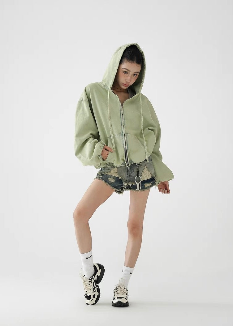 Green loose denim hoodie / AS1266
