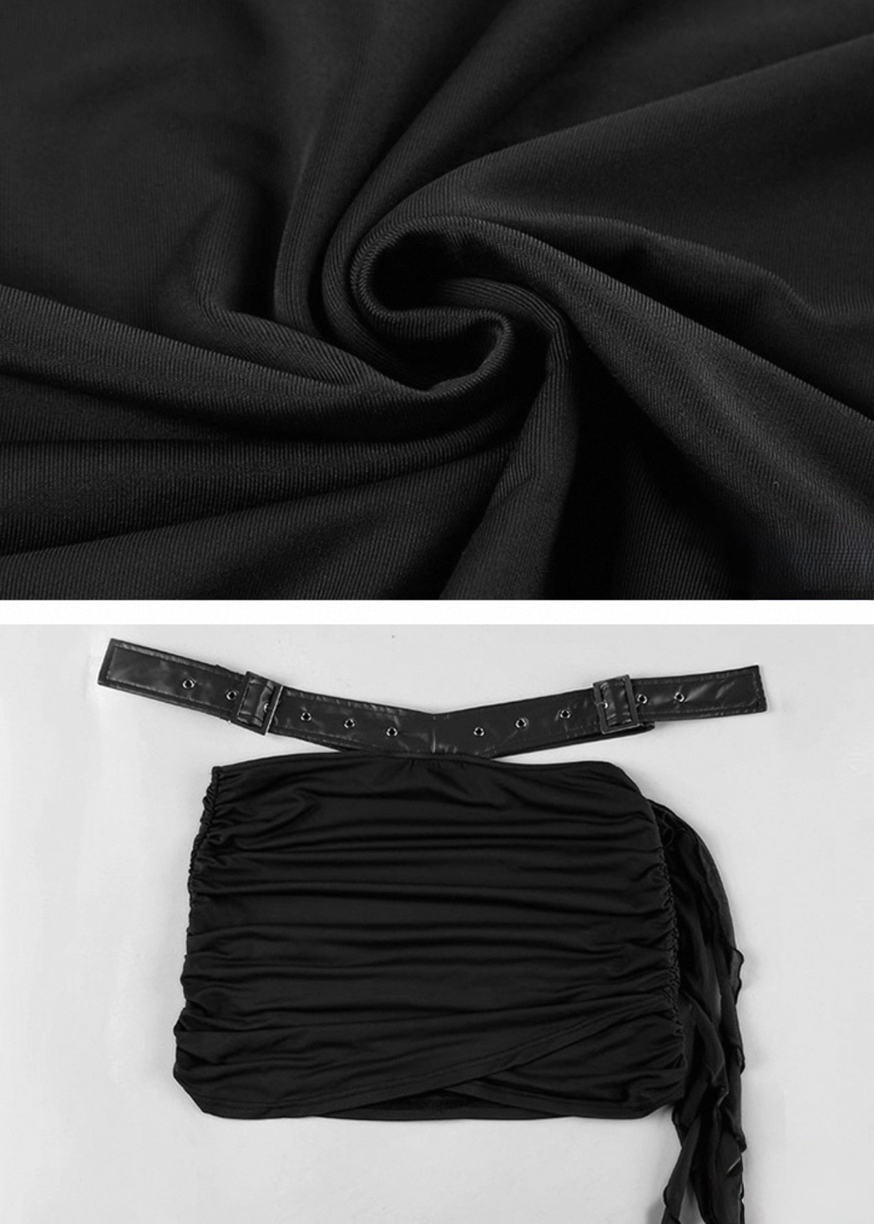 PUレザーパッチワークトップ+ドレープデザインミニスカート / VO1128