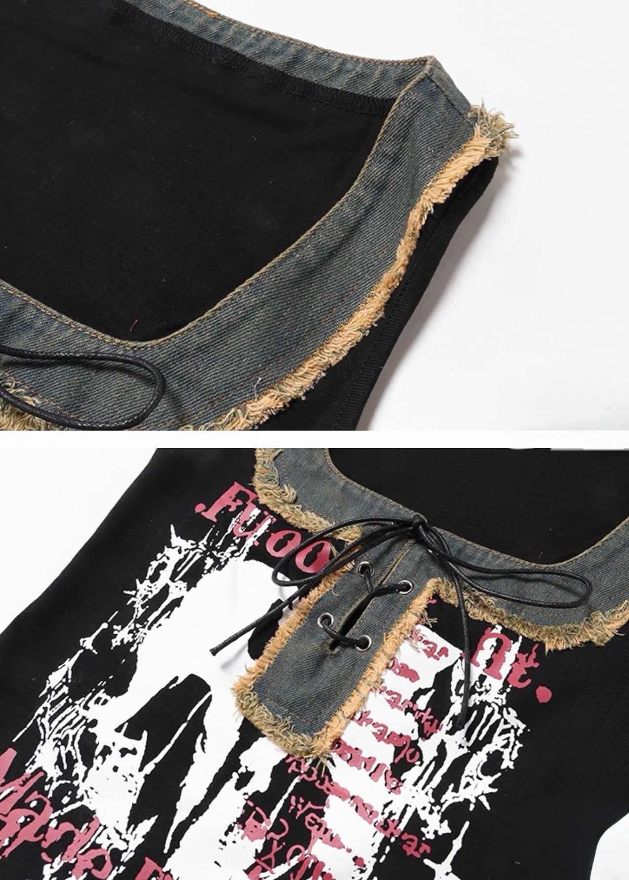 デニムパッチワークデザインプリントベスト / VO1130