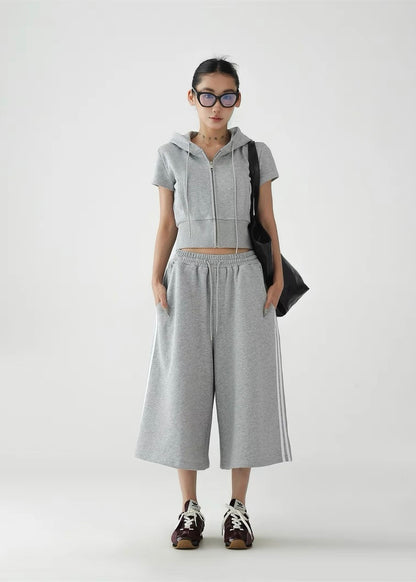 Hooded slim fit cropped top ＆ wide leg cropped pants / AS1295