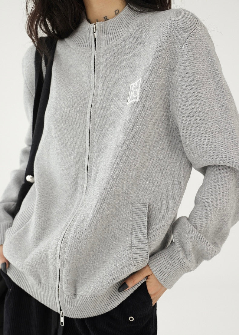 Stand collar jacquard knit zip cardigan / AS1175 