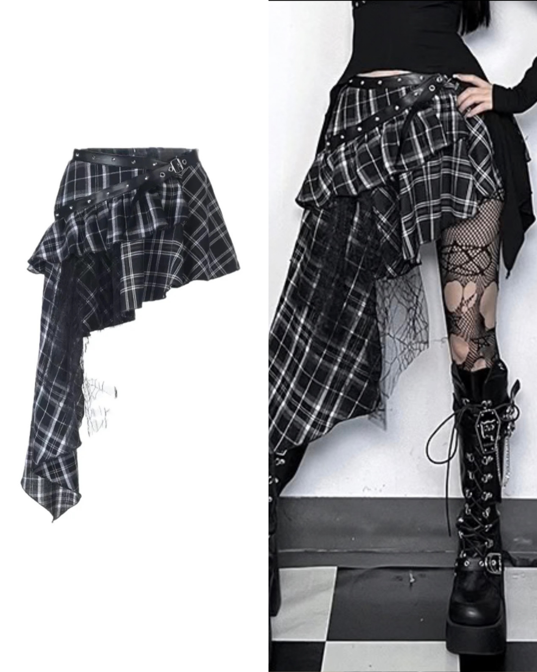 イレギュラーブラックチェック柄スカート / VO1300
