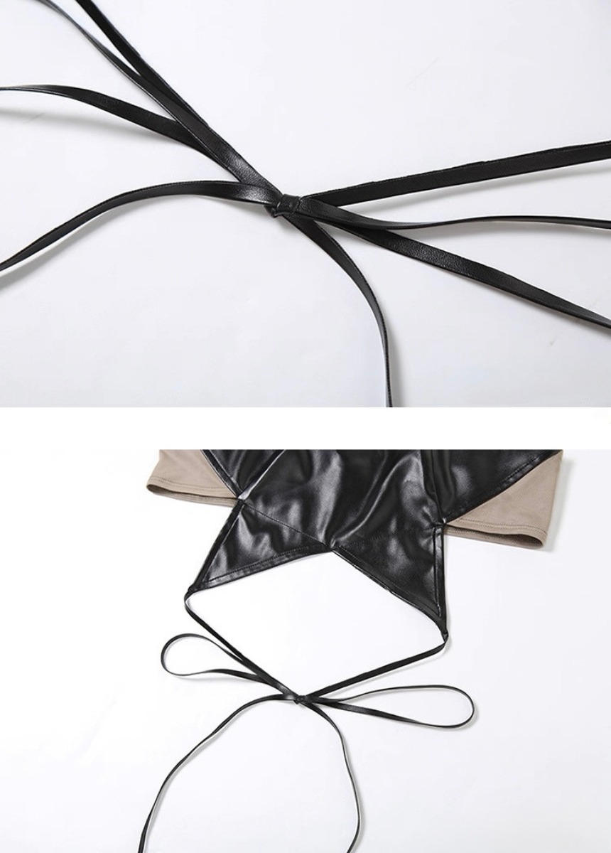 PUレザーホルターネックデザインスリムフィットショートベスト  / VO1108