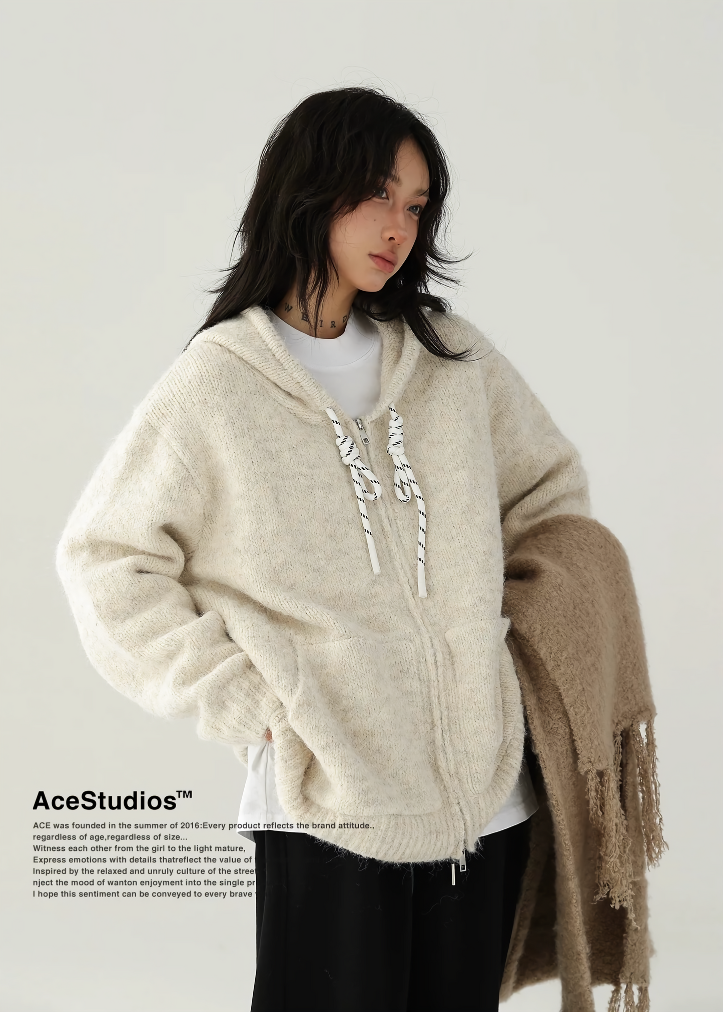 drawstring zipper knit sweater / AS1128
