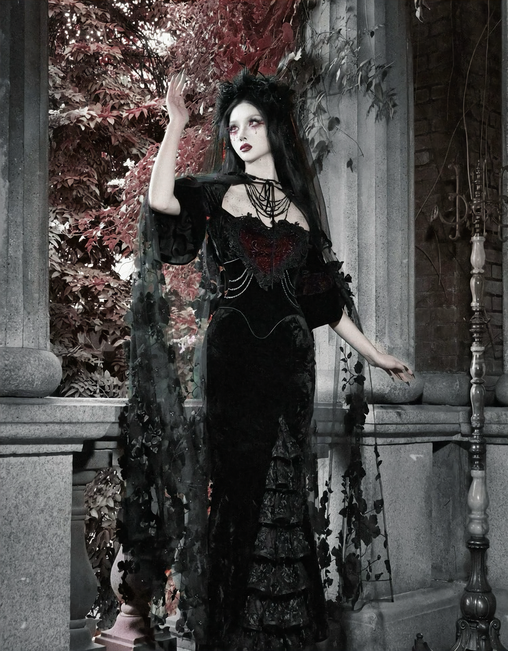 Red Goth Velvet Bandeau Mermaid Dress / CT06