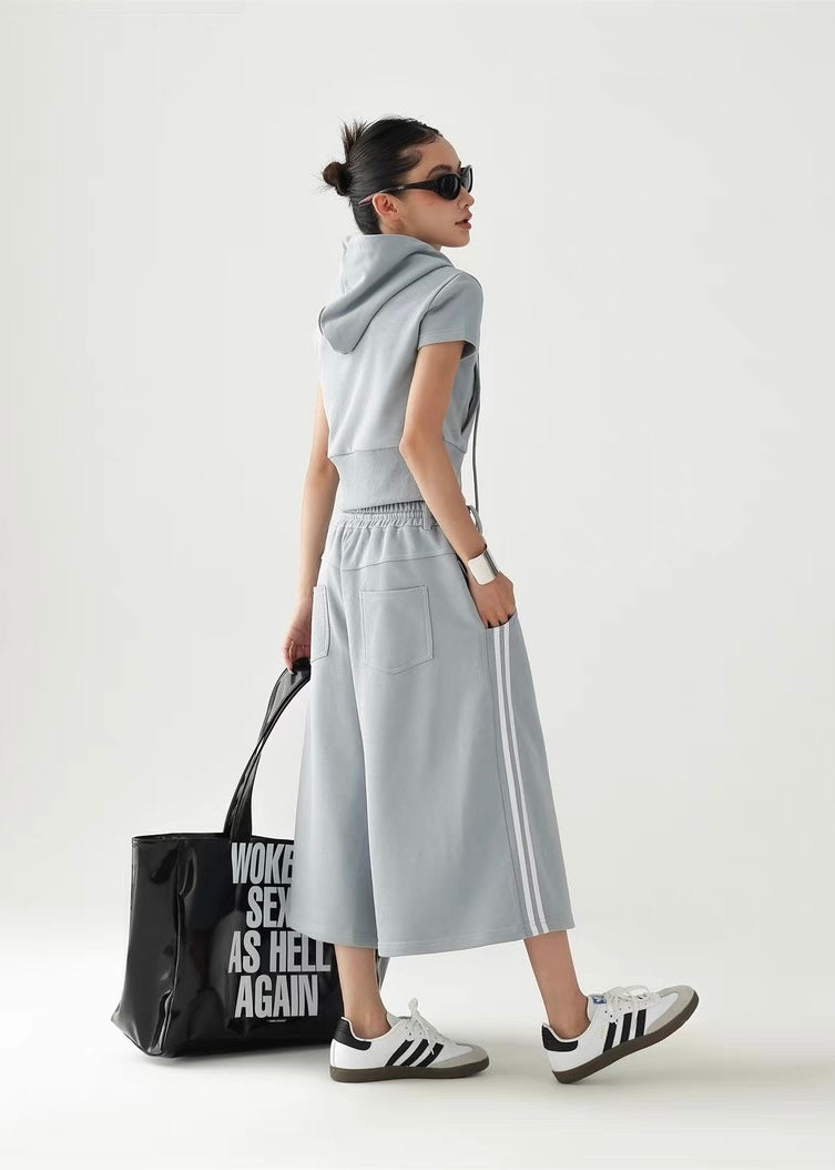 Hooded slim fit cropped top ＆ wide leg cropped pants / AS1295