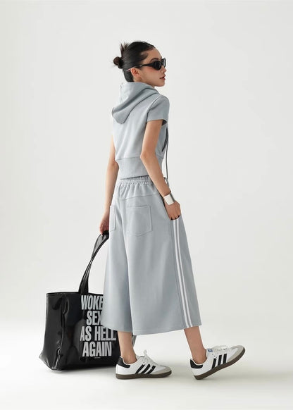 Hooded slim fit cropped top ＆ wide leg cropped pants / AS1295