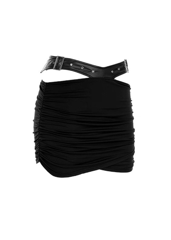 PUレザーパッチワークトップ+ドレープデザインミニスカート / VO1128