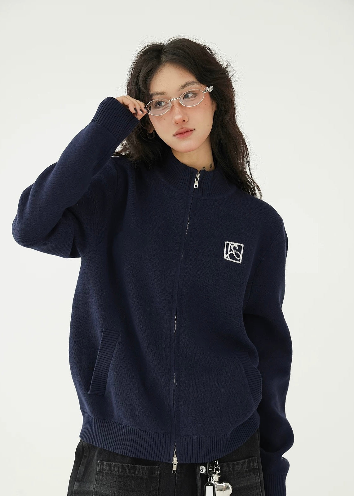 Stand collar jacquard knit zip cardigan / AS1175 
