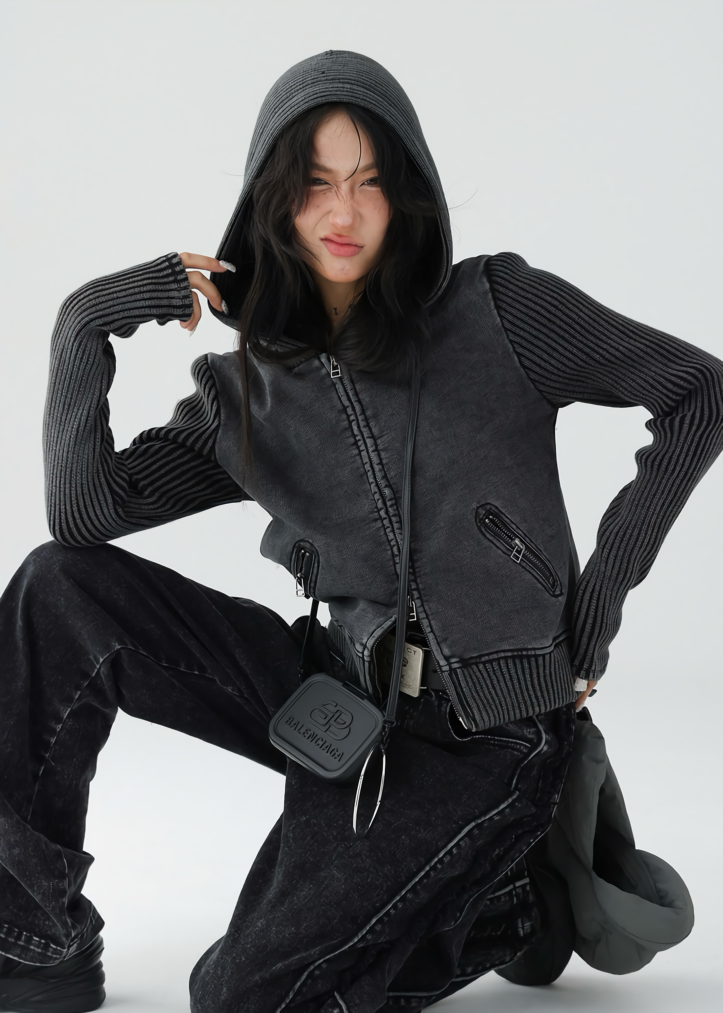 American retro short knit hoodie jacket / AS1139