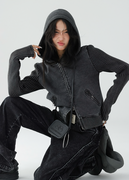 American retro short knit hoodie jacket / AS1139