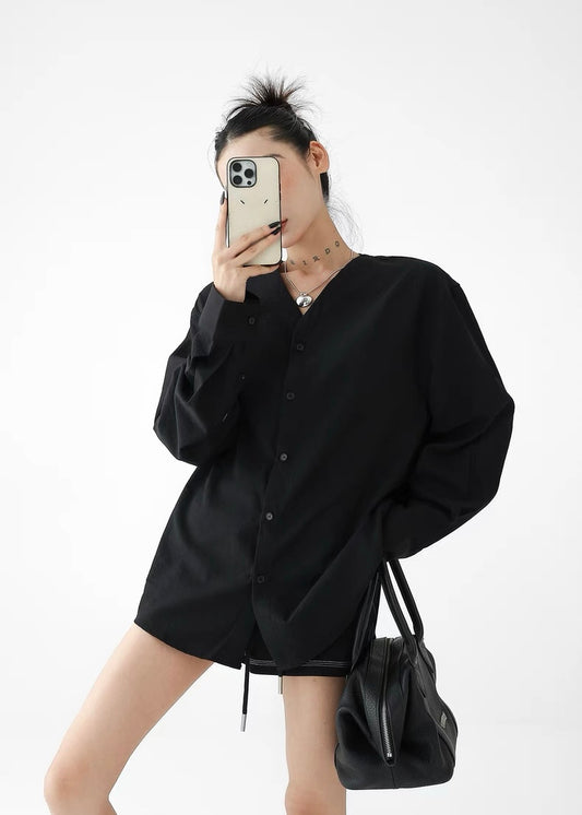 Loose single-breasted V-neck shirt / AS1316