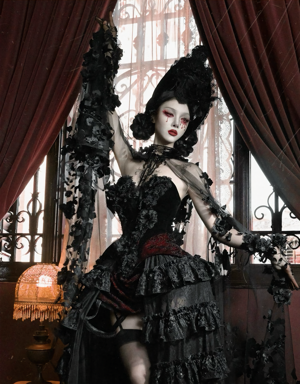 Crimson Gothic Velvet Corset Bustier & Gloves / CT01