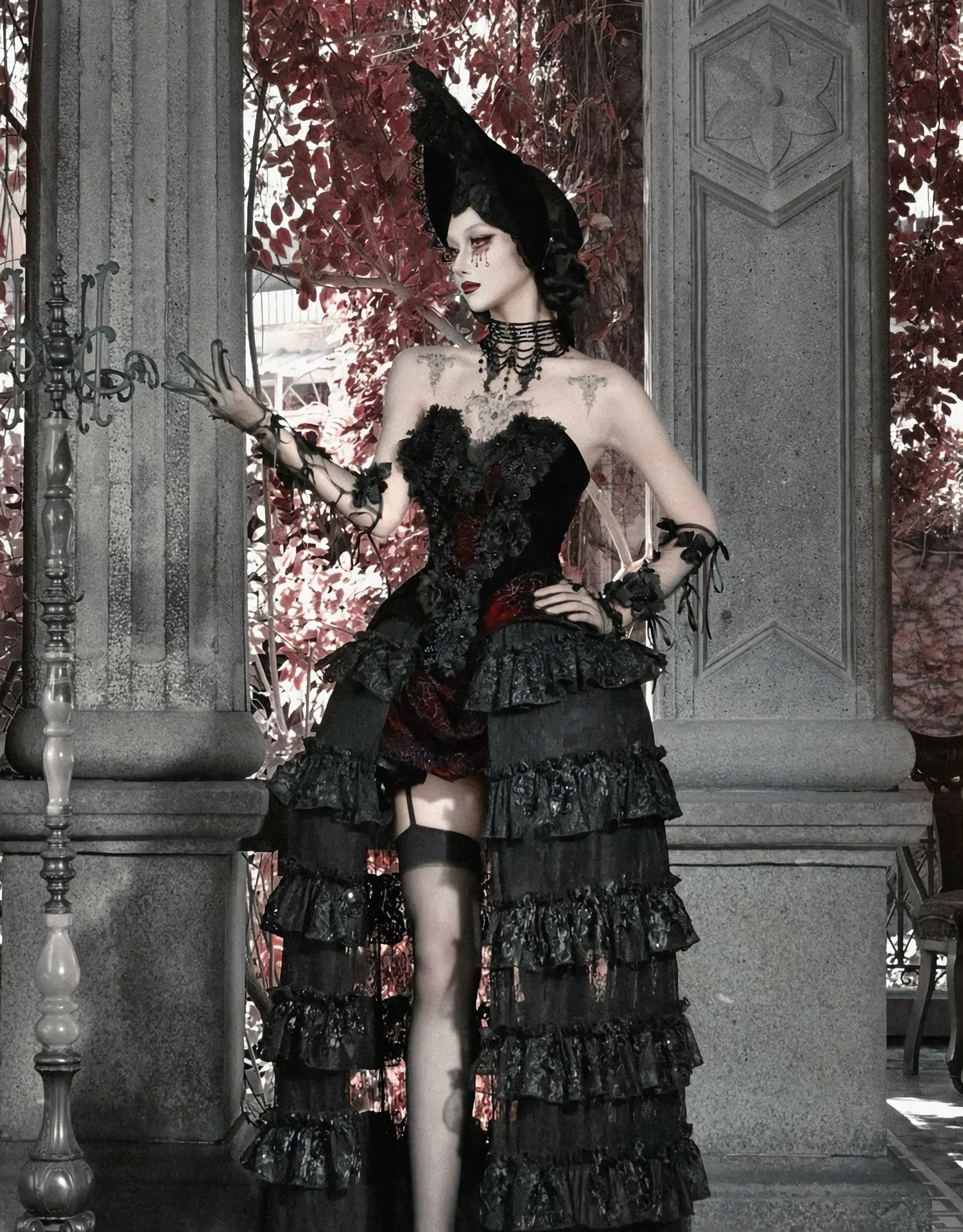 Crimson Gothic Velvet Corset Bustier & Gloves / CT01
