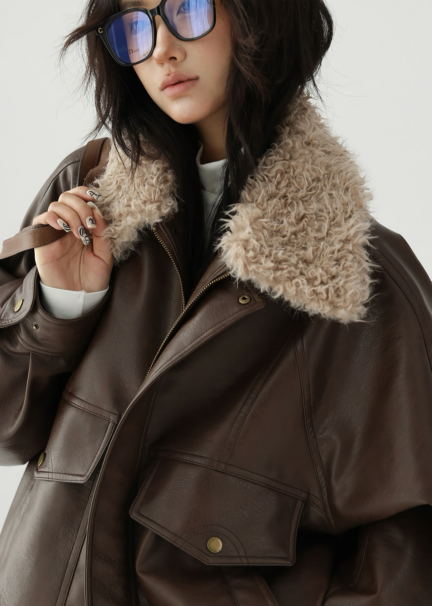 fur collar leather biker jacket / AS1150 