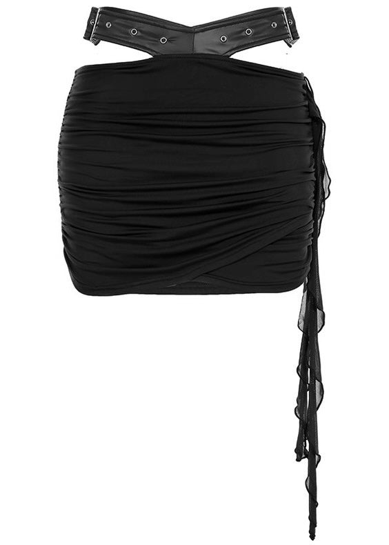 PUレザーパッチワークトップ+ドレープデザインミニスカート / VO1128