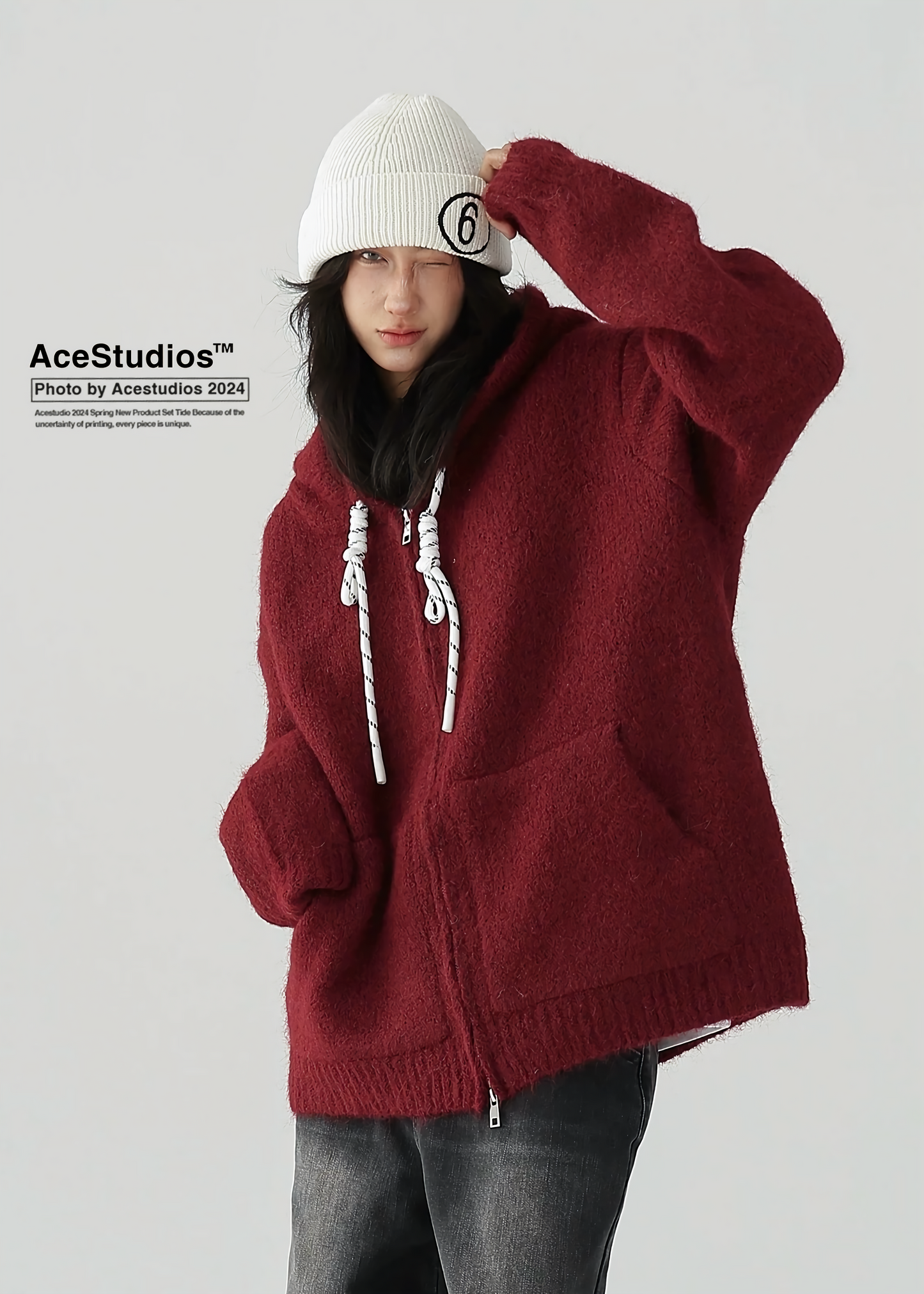 drawstring zipper knit sweater / AS1128