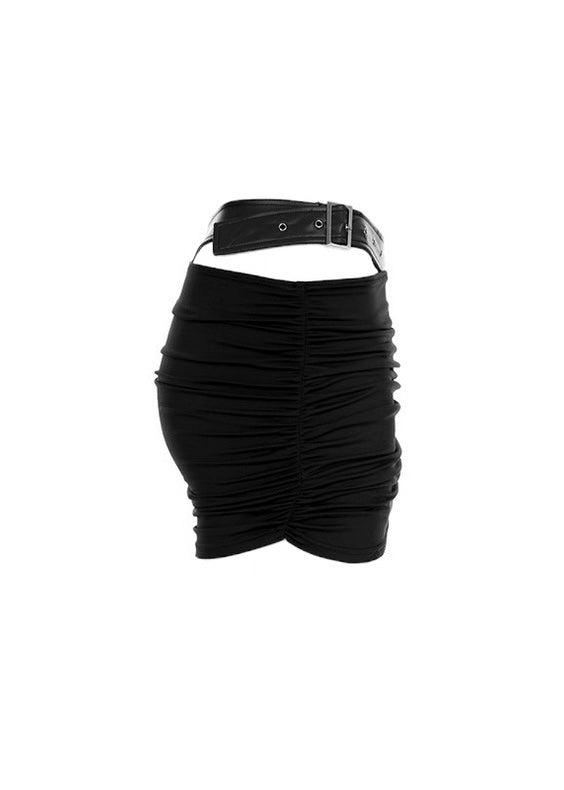 PUレザーパッチワークトップ+ドレープデザインミニスカート / VO1128