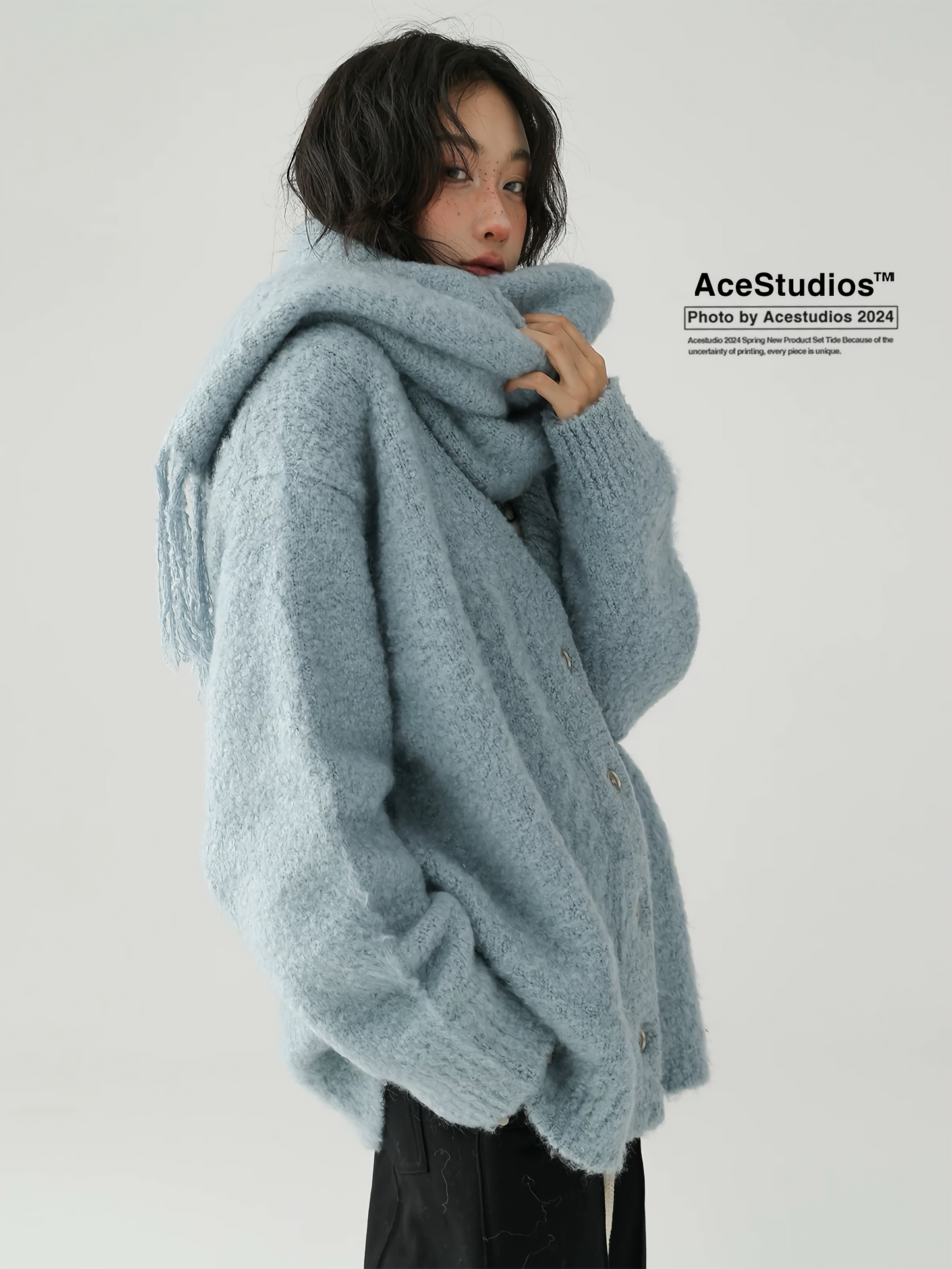 V neck knit cardigan + tassel scarf / AS1119 