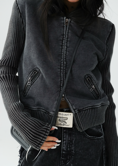 American retro short knit hoodie jacket / AS1139