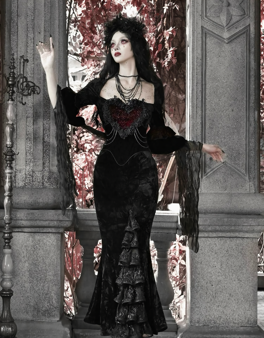 Red Goth Velvet Bandeau Mermaid Dress / CT06