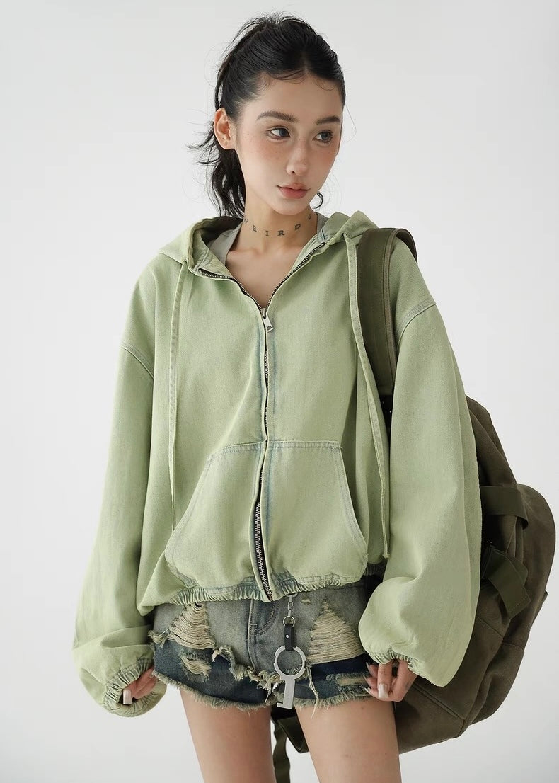 Green loose denim hoodie / AS1266